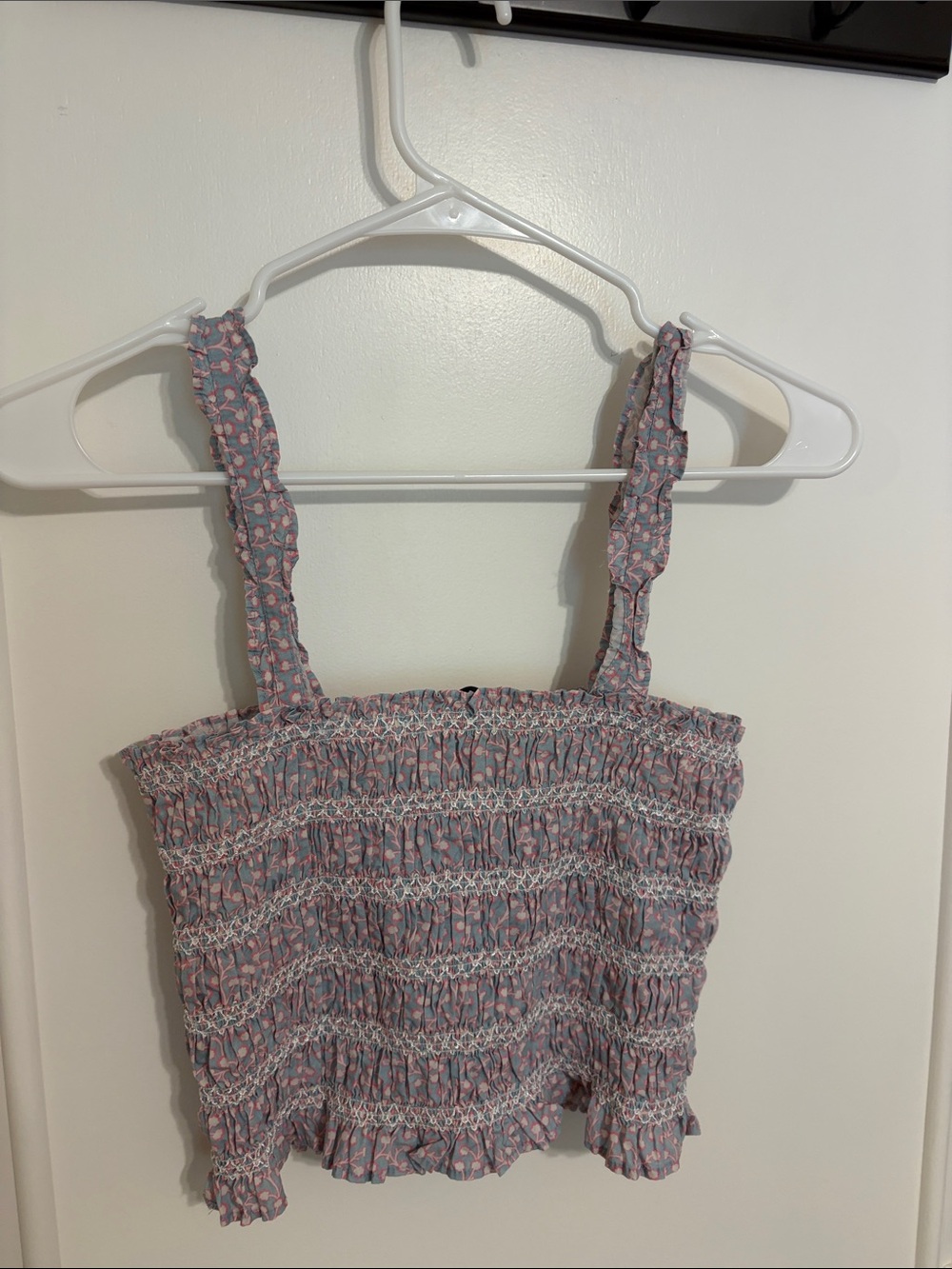 French Connection Pink and Blue Floral Smocked Crop Top